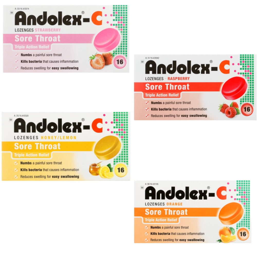 Packaging of Andolex-C Lozenges in various flavors including Orange, Strawberry, Honey/Lemon, and Raspberry.