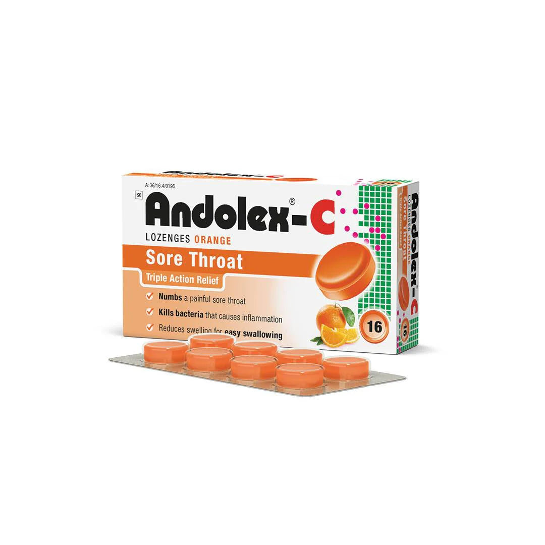 Andolex-C Sore Throat Lozenges 16s in Orange flavor for soothing throat relief