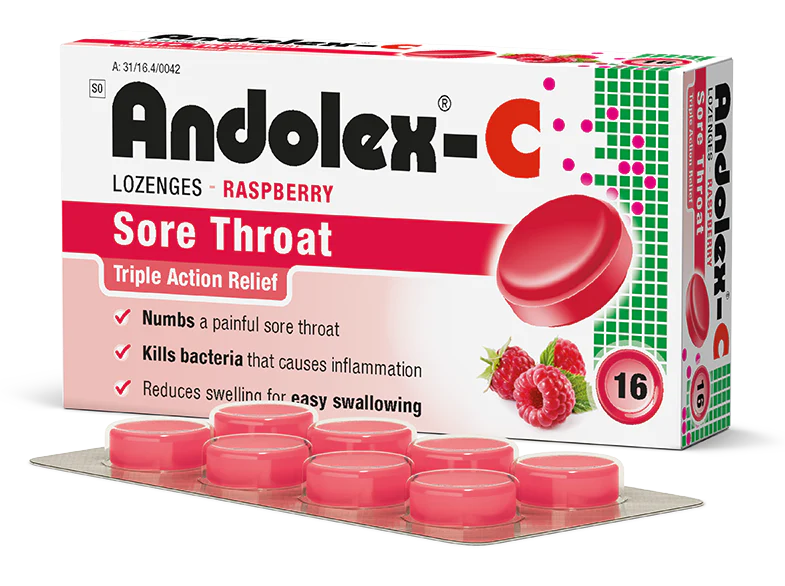 Andolex-C Sore Throat Lozenges 16s in Raspberry flavor for soothing throat relief