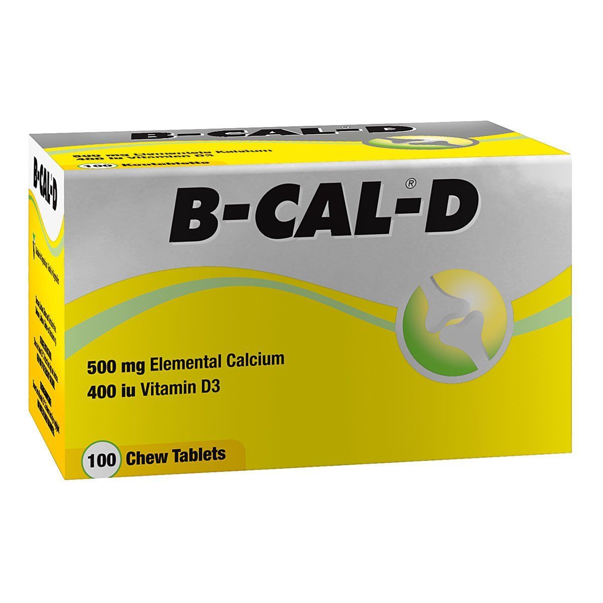 B-Cal-D supplement box with yellow and gray design on a white background