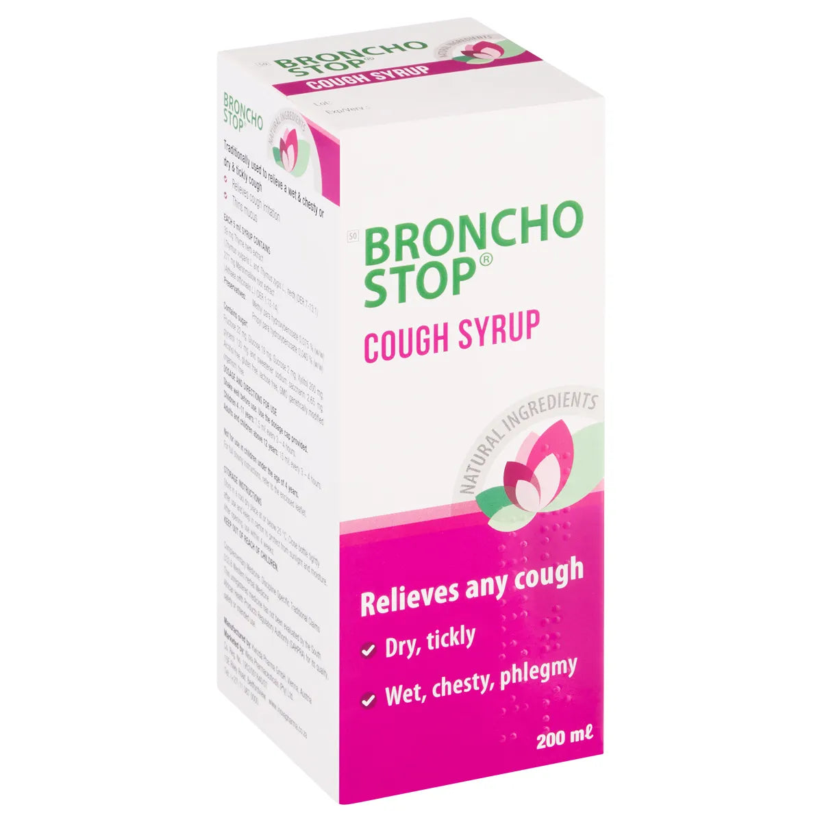 Packaging of Bronchostop Cough Syrup in a 200ml bottle with pink and green label, indicating it relieves any cough, including dry, tickly, wet, chesty, and phlegmy types.