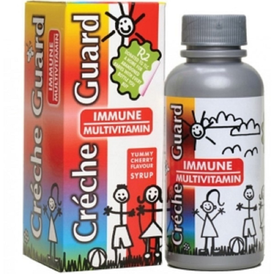 Packaging for Creche Guard Immune Multivitamin Syrup showing a colorful box and a silver bottle with a child-like drawing and text.