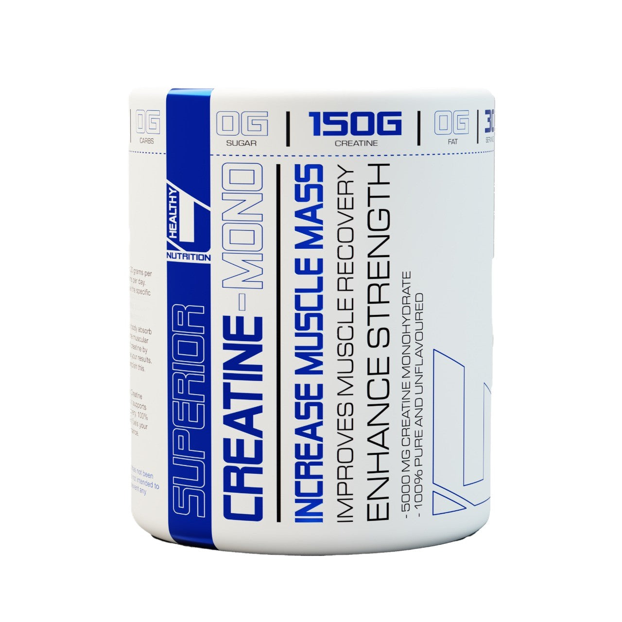 A container of Healthy-U Creatine Monohydrate with blue and black label, indicating benefits such as increasing muscle mass, enhancing strength, improving stamina, and promoting lean muscle growth.