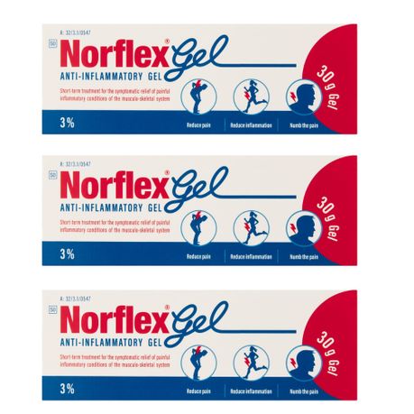 Three boxes of Norflex Gel anti-inflammatory gel on a white background