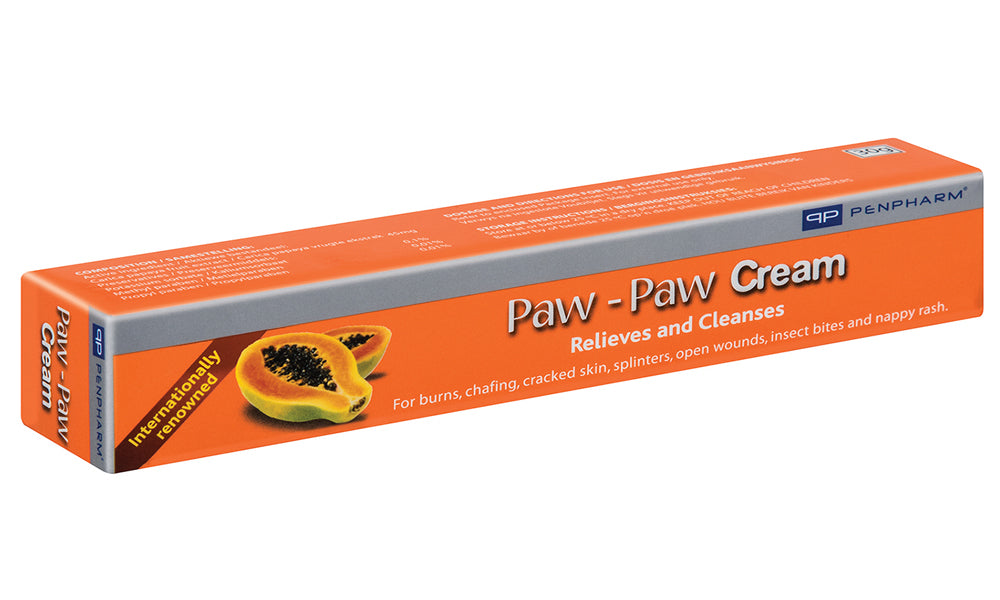 Box of Paw-Paw Cream with an orange and gray design on a white background