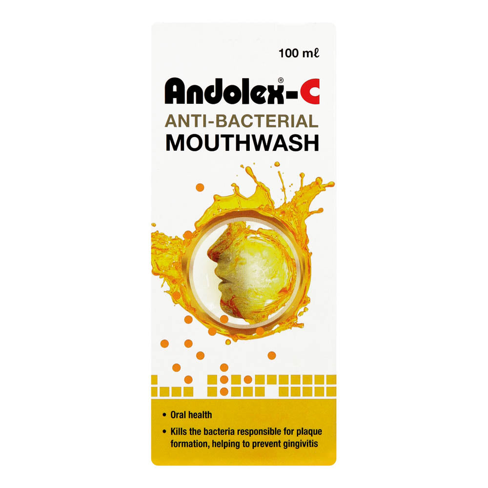 A bottle of Andolex-C Antibacterial Mouthwash, 100ml, with packaging that highlights its antibacterial properties and benefits for oral health.