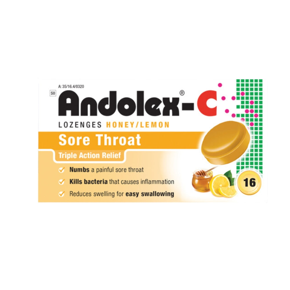 Andolex-C Sore Throat Lozenges -16s - Honey/Lemon Front View