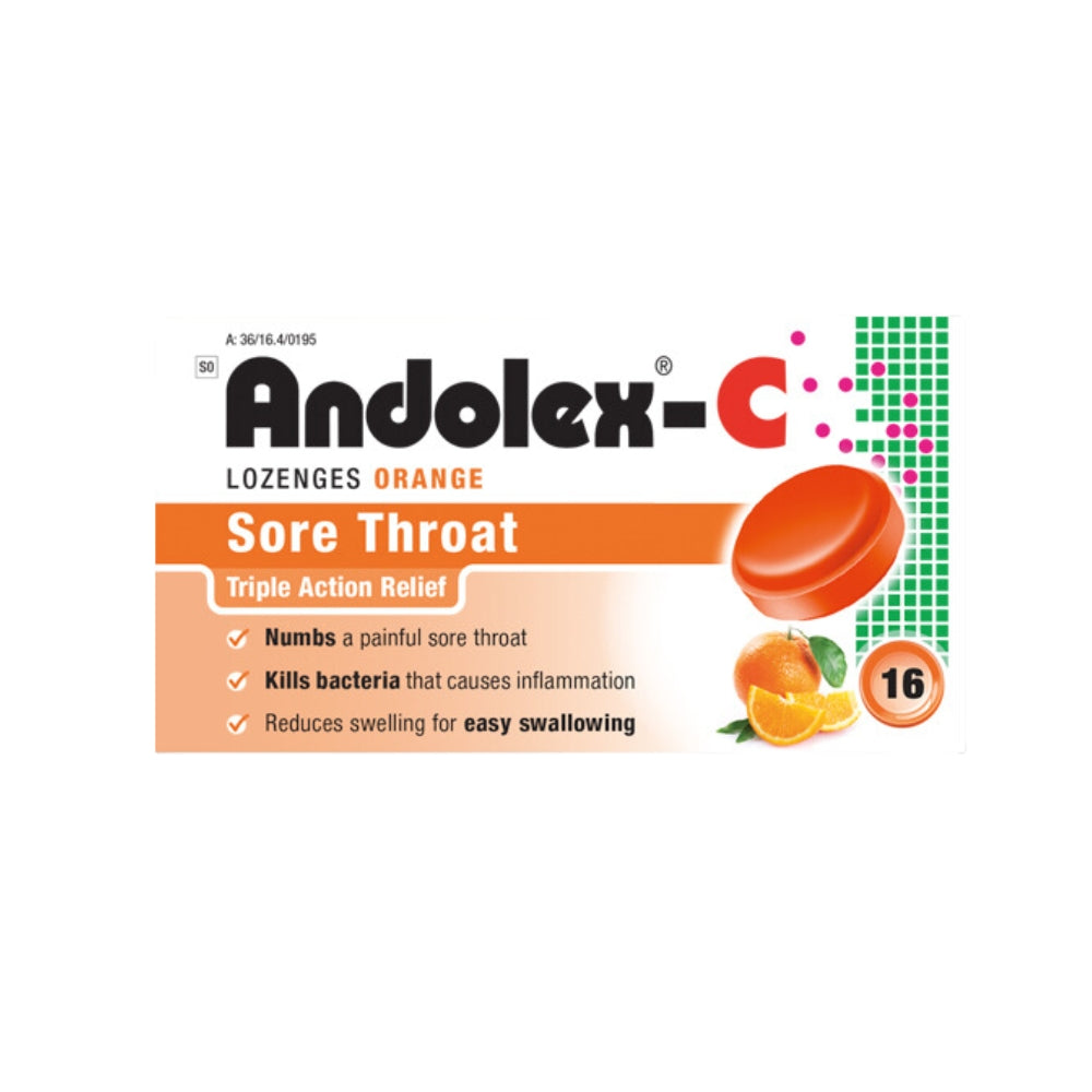 Andolex-C Sore Throat Lozenges 16s in Orange flavor for soothing throat relief