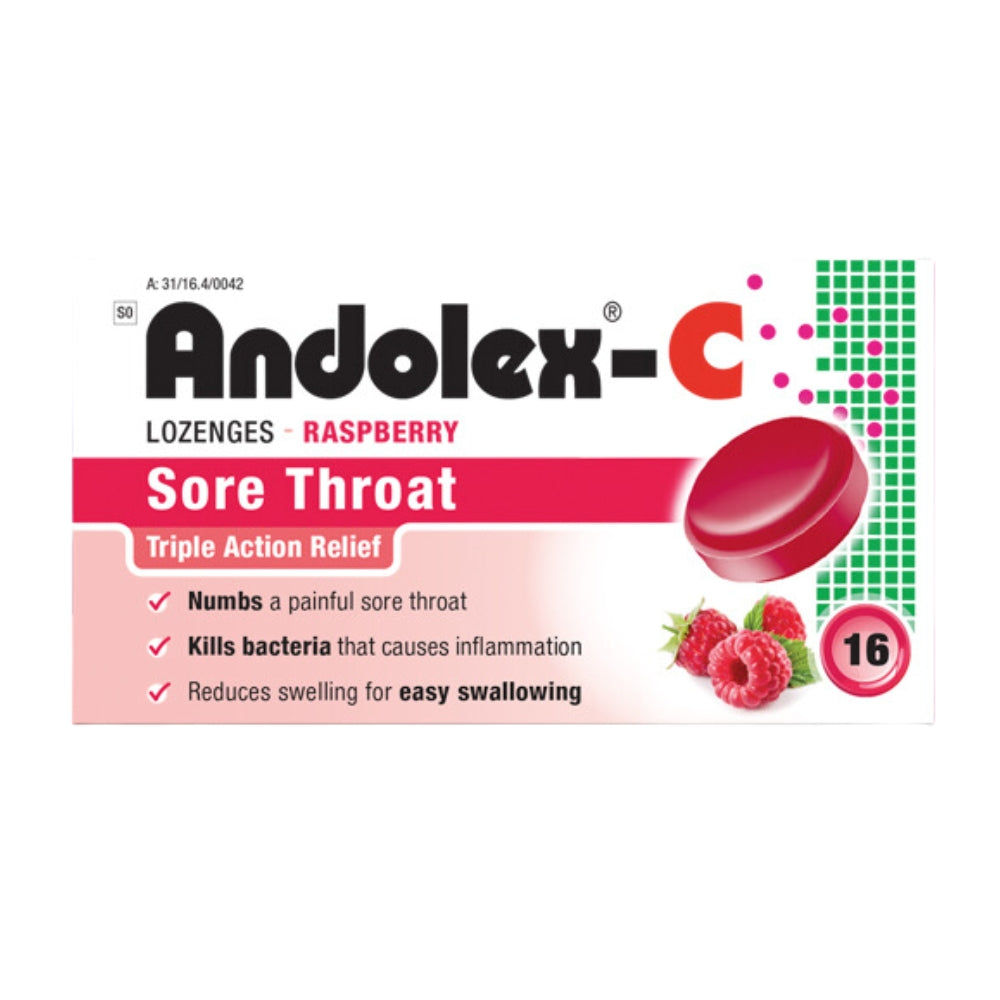 Andolex-C Sore Throat Lozenges -16s - Raspberry Front View