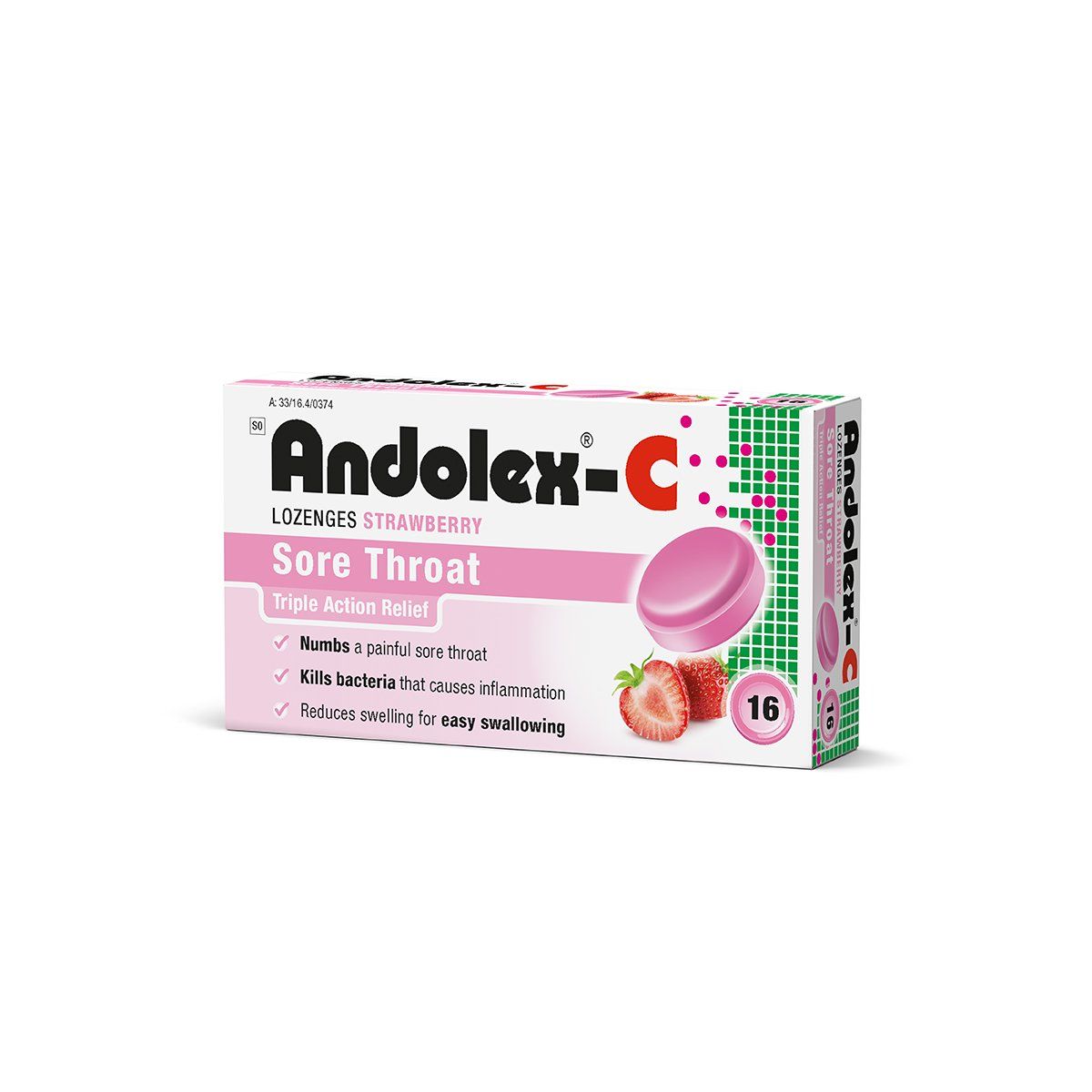 Andolex-C Sore Throat Lozenges 16s in Strawberry flavor for soothing throat relief