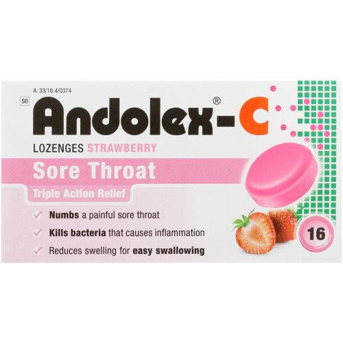 Andolex-C Sore Throat Lozenges 16s in Strawberry flavor for soothing throat relief