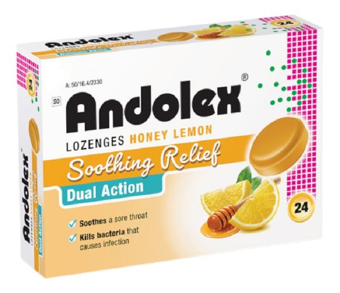 Box of Andolex Soothing Relief Dual Action Lozenges in Honey & Lemon flavor, with a graphic of a lozenge, a honey dipper, and a lemon slice.