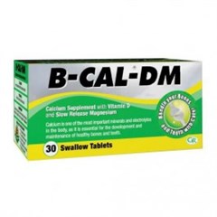 Box of B-Cal-DM Swallow Tablets containing 30 tablets for bone health support.