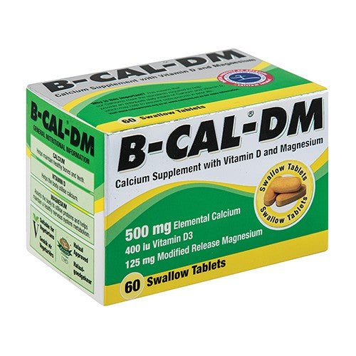 Box of B-Cal-DM calcium supplement with vitamin D3 and magnesium on a white background