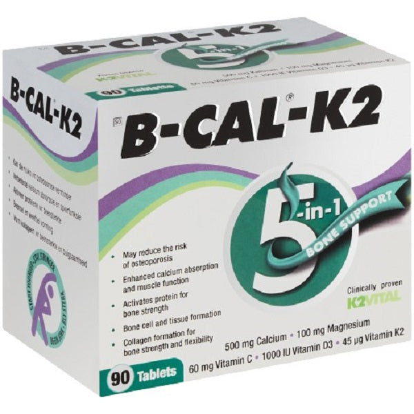 Box of B-Cal - K2 - 5 in 1 Bone Support dietary supplement with 90 tablets.
