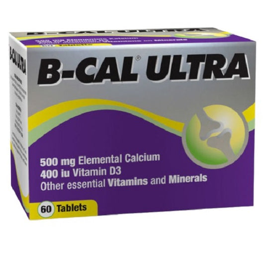 Box of B-Cal Ultra 30 Tablets, calcium supplement with Vitamin D3, Magnesium, and Vitamin C.