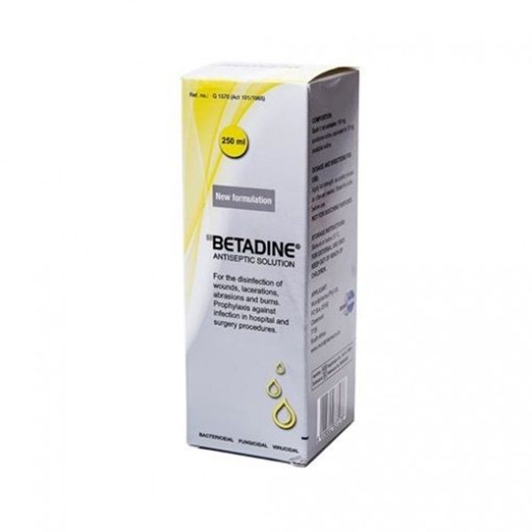 Betadine Antiseptic Solution in a 250ml bottle with a yellow label, indicating the product is for the disinfection of wounds.