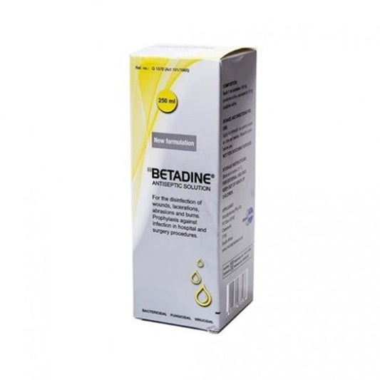 Betadine Antiseptic Solution in a 250ml bottle with a yellow label, indicating the product is for the disinfection of wounds.
