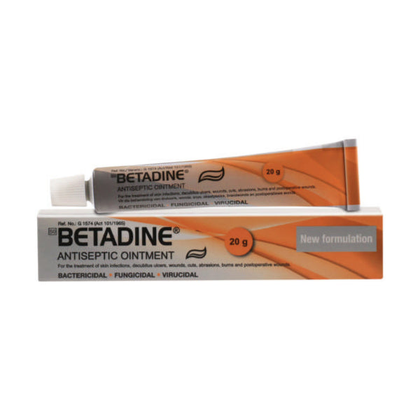 Betadine Antiseptic Ointment in a tube packaging with product information on the label.