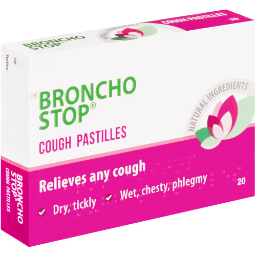 Box of Broncho Stop Cough Pastilles with green and pink design on a white background