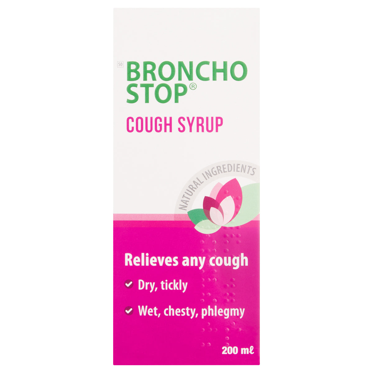 Packaging of Bronchostop Cough Syrup in a 200ml bottle with pink and green label, indicating it relieves any cough, including dry, tickly, wet, chesty, and phlegmy types.