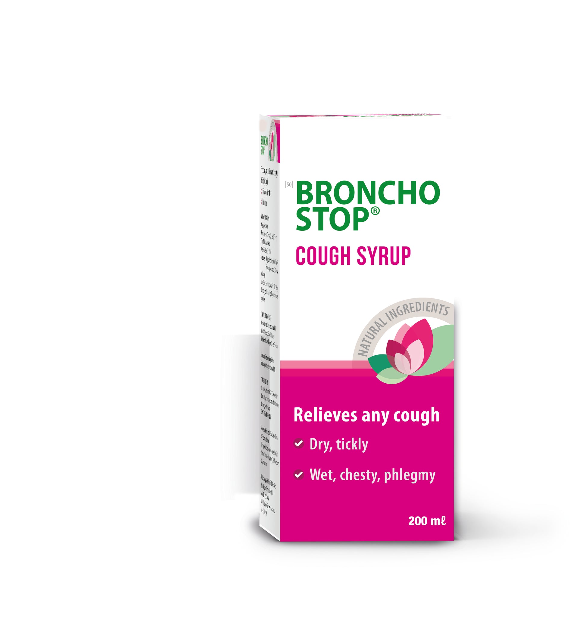 Packaging of Bronchostop Cough Syrup in a 200ml bottle with pink and green label, indicating it relieves any cough, including dry, tickly, wet, chesty, and phlegmy types.