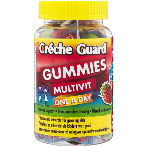 A bottle of Creche Guard Gummies Multi Vitamin with colorful packaging featuring fruits, containing 30 gummies.