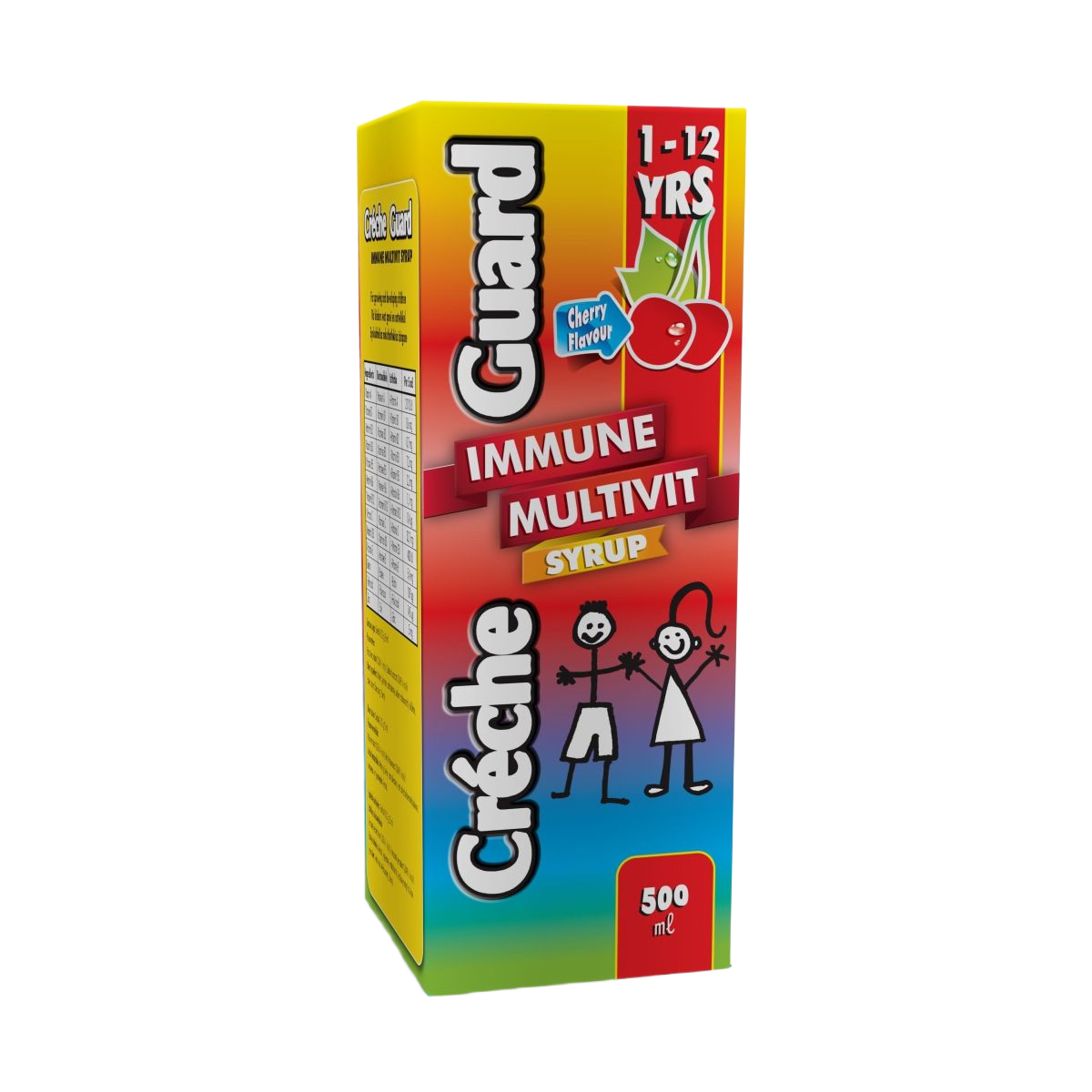 A colorful box of Creche Guard Immune Multivitamin Syrup designed for children, featuring illustrations of children and a cherry, with a 500ml measurement indication.