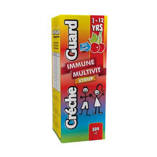 A colorful box of Creche Guard Immune Multivitamin Syrup designed for children, featuring illustrations of children and a cherry, with a 500ml measurement indication.