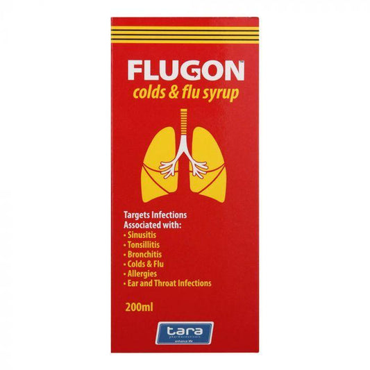 Packaging for Flugon Cold & Flu Syrup 200ml, primarily red with product name and benefits listed for cold and flu symptoms