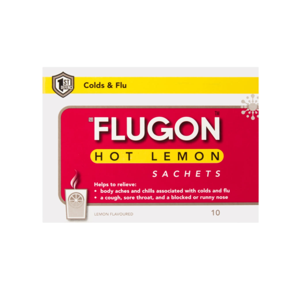 Packaging of Flugon Hot Lemon sachets, with red and yellow design, indicating relief for colds and flu.