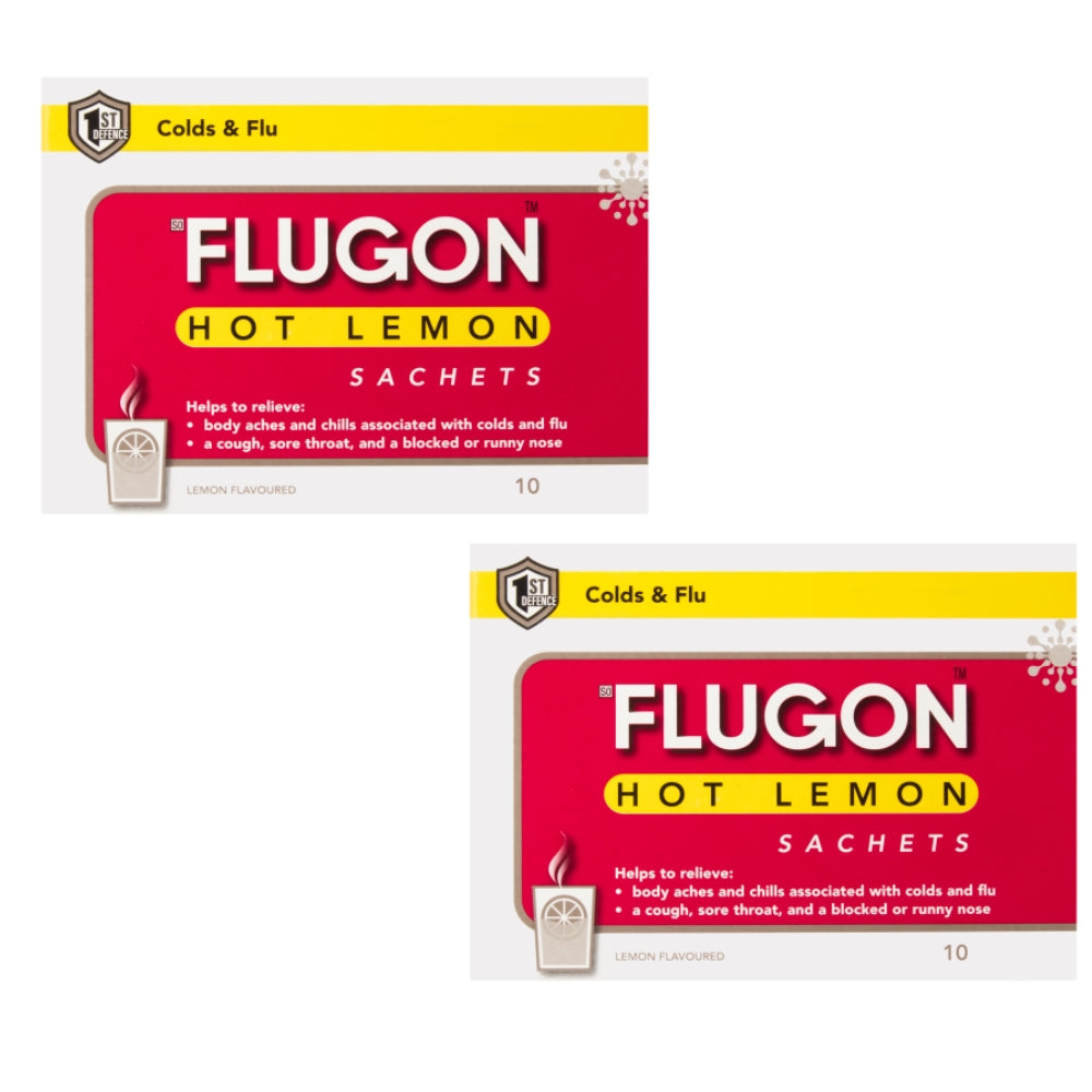 Packaging for Flugon Hot Lemon Sachets, showing two boxes with red and yellow branding and the product name prominently displayed.