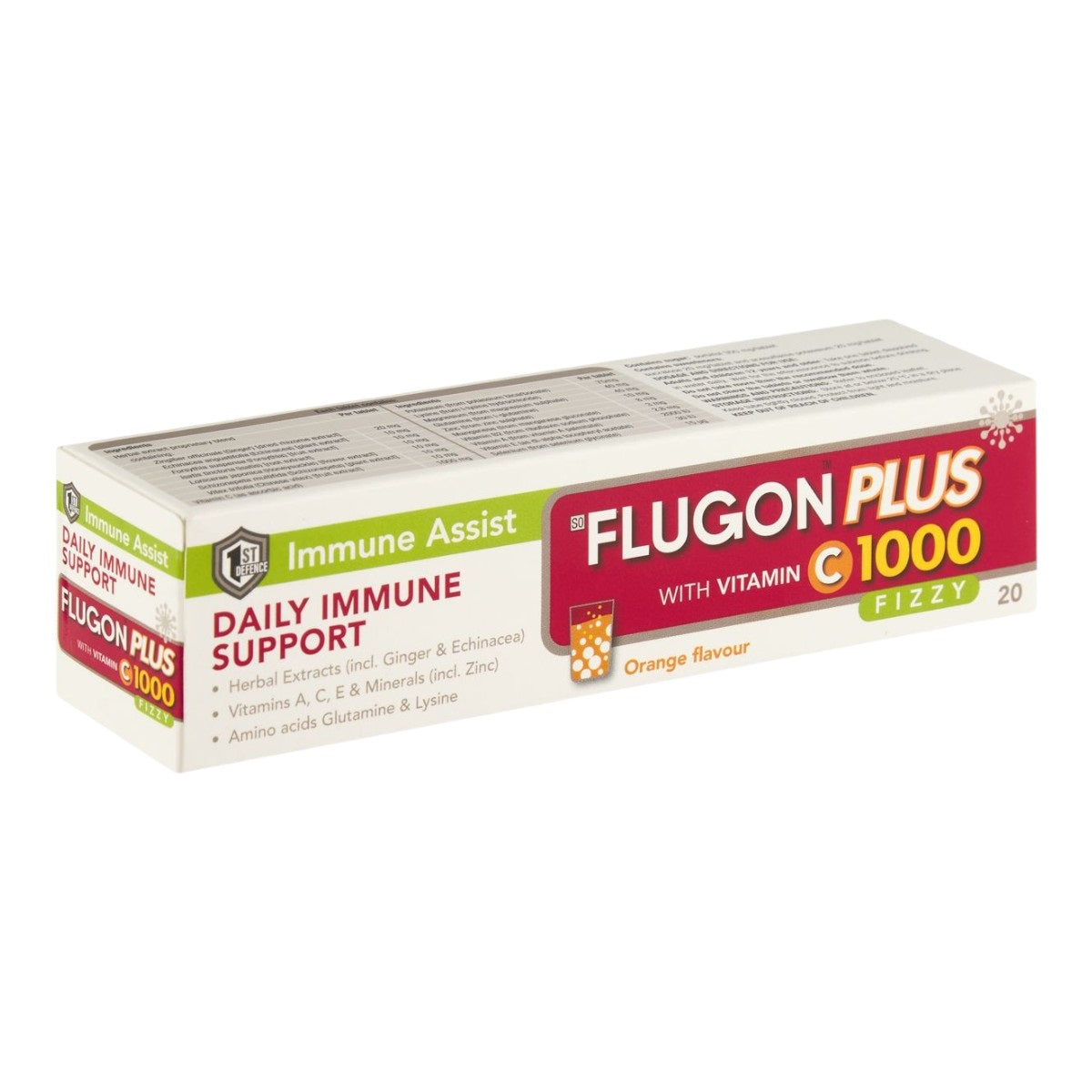 A box of Flugon Plus Daily Immune Support Orange Fizzy, containing 20 effervescent tablets in a package.
