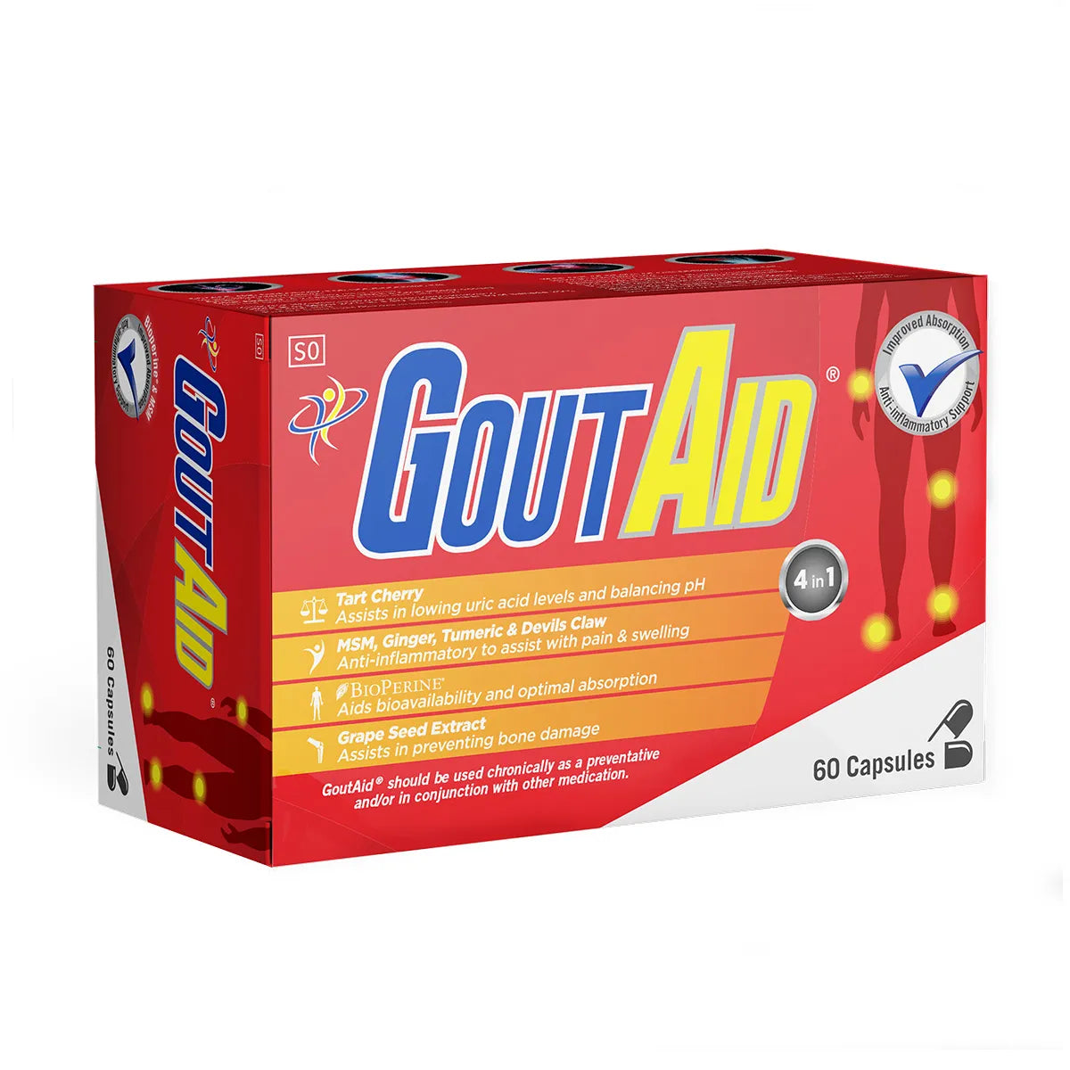 Gout Aid packaging with red and white design on a white background