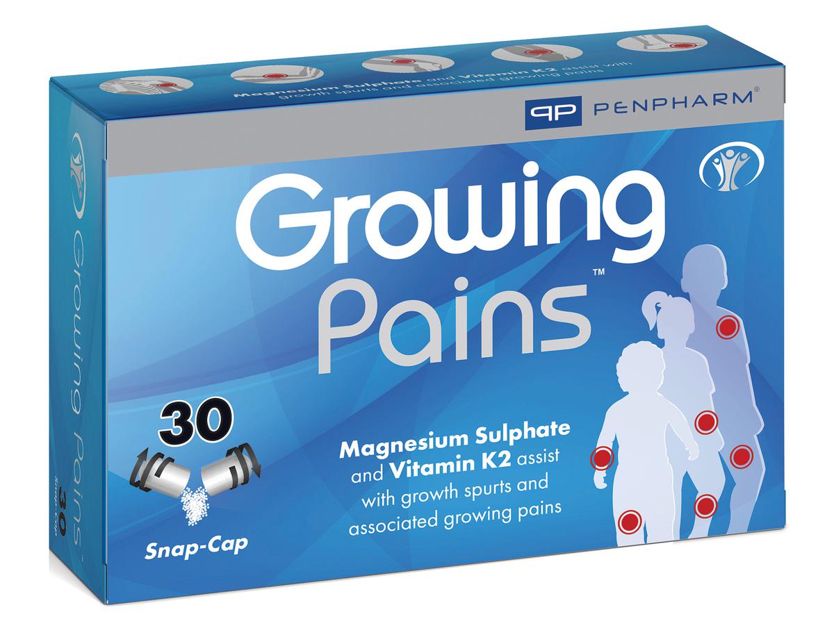 Box of 'Growing Pains' supplement by Penpharm with blue and white design.