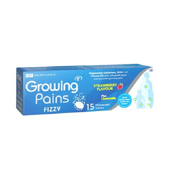 Box of Growing Pains Fizzy tablets with strawberry flavor on a white background