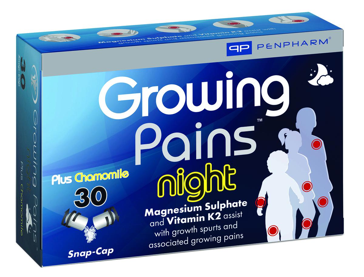 Box of 'Growing Pains' plus Chamomile supplement with blue and white design.