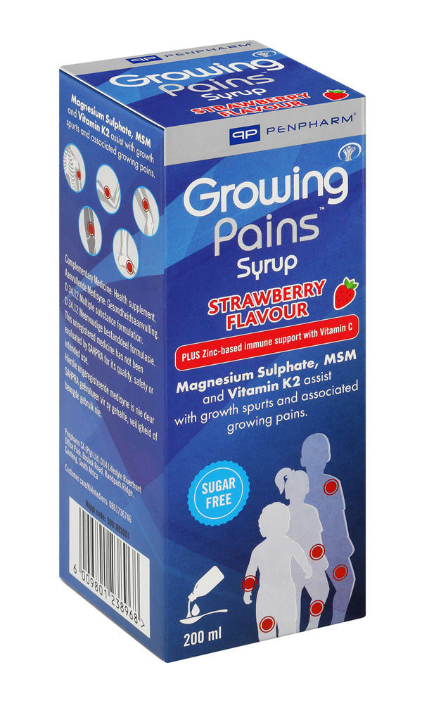 Box of Growing Pains Syrup with strawberry flavor, featuring Penpharm branding.