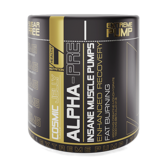 A container of HealthyU Alpha Pre-Workout supplement with black, gold, and white color scheme and text detailing the product's benefits.