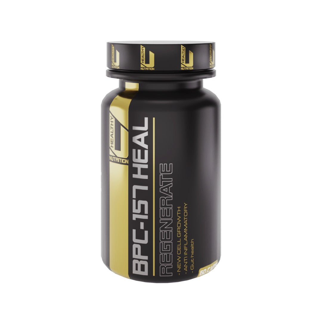 A bottle of HealthyU BPC-157 Heal capsules with 60 capsules inside. The bottle is predominantly black with gold and white text and accents.