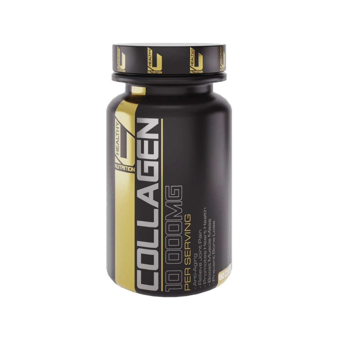 A bottle of HealthyU Collagen 10000mg supplements with 60 capsules. The bottle is predominantly black with gold and white text and accents.