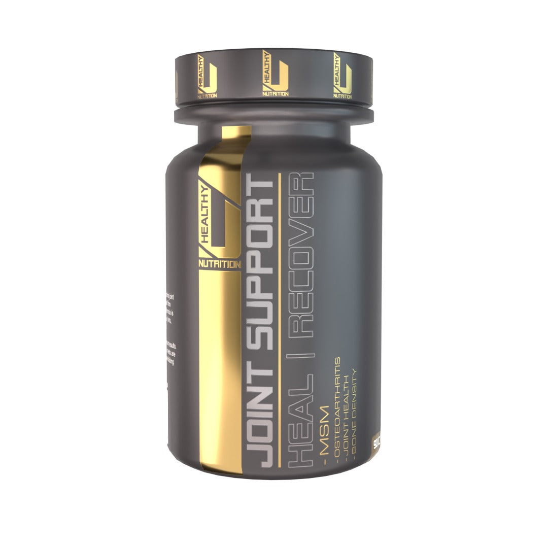 A bottle of HealthyU Joint Support supplements with 90 capsules. The bottle is black with gold and white text and detailing.