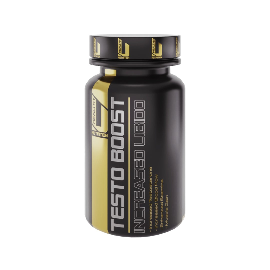 A bottle of HealthyU Testo Boost capsules with black and gold label design.