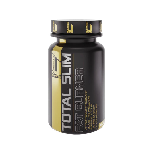 A black and gold bottle of HealthyU Total Slim Fat Burner capsules.
