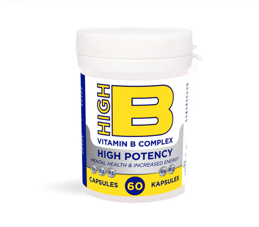 Vitamin B complex supplement container with 'High B' branding on a white background
