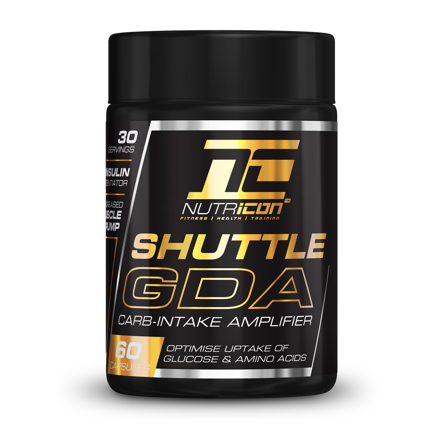 A container of NUTRICON SHUTTLE GDA, which is a carb-intake amplifier supplement with 60 capsules inside.