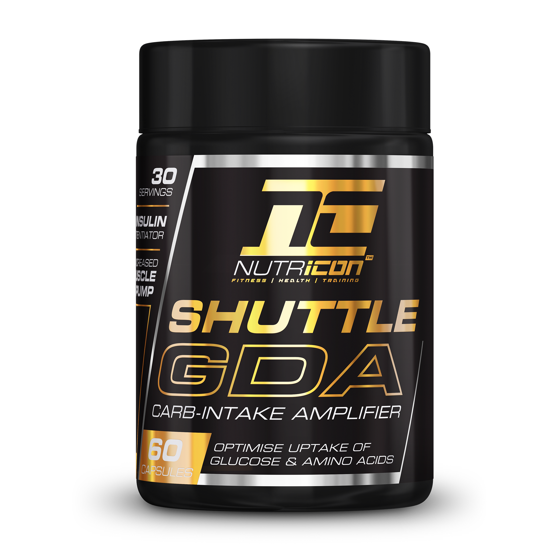 A container of NUTRICON SHUTTLE GDA, which is a carb-intake amplifier supplement with 60 capsules inside.