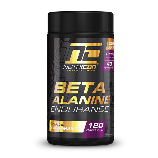 A container of Nutricon Beta Alanine Endurance, which contains 120 capsules for endurance and performance.