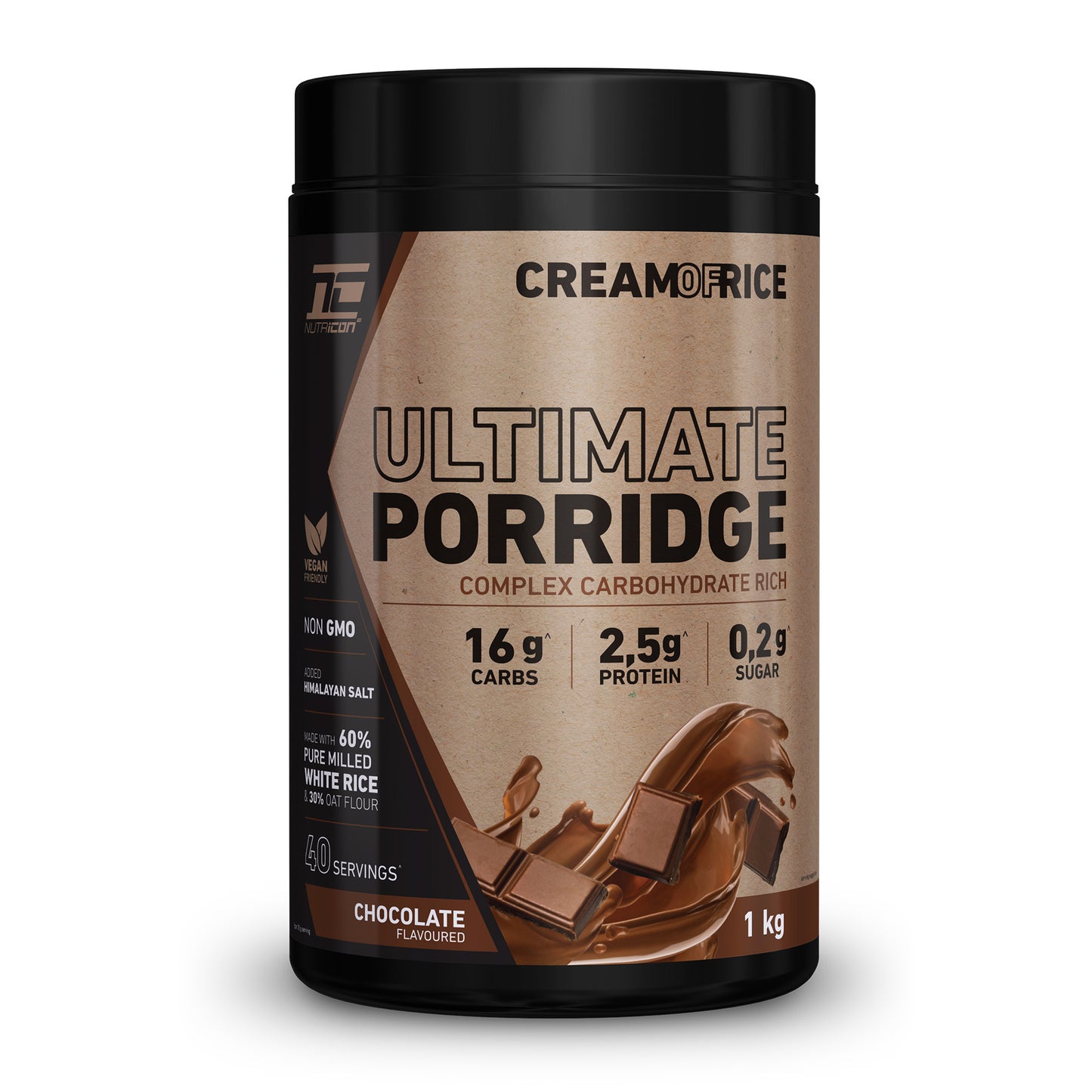 A container of Nutricon Ultimate Porridge in chocolate flavor, 1kg size, with the brand Cream of Rice visible on the label.