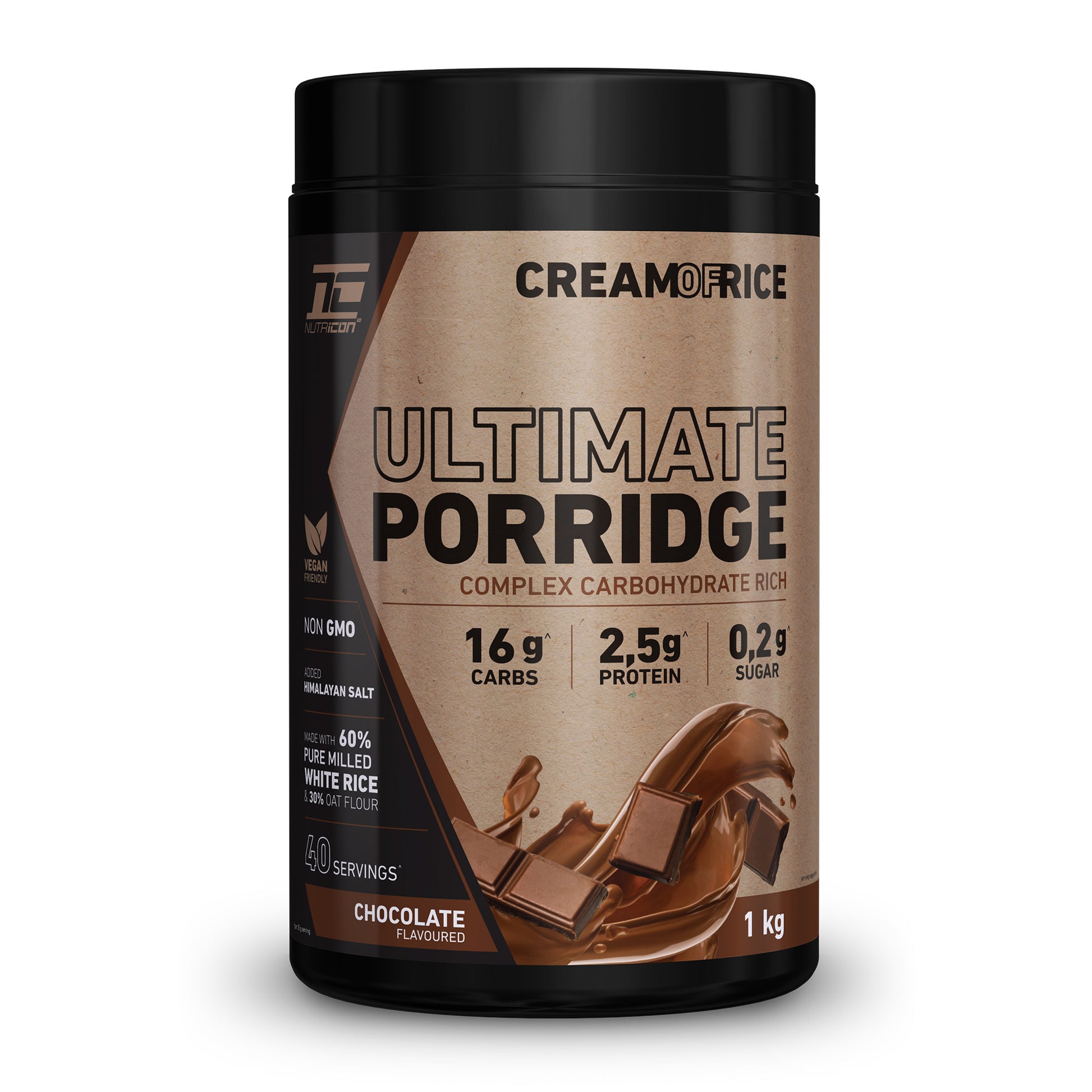 A container of Nutricon Ultimate Porridge in chocolate flavor, 1kg size, with the brand Cream of Rice visible on the label.